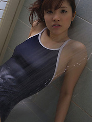 Cocoro Amachi Asian spoils hot body with shower over spandex suit
