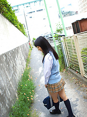 Kotone Moriyama Asian in uniform bends and shows ass on street