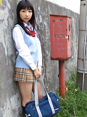 Kotone Moriyama Asian in uniform bends and shows ass on street